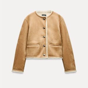 ZARA DOUBLE FACED GOLD BUTTONS JACKET XS 8372/305 FAUX SHERPA SHEARLING SUEDE